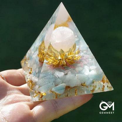 Aquamarine Rose Quartz Lotus Symbol Orgone Pyramid