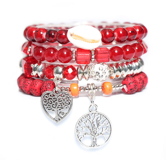 Tree Of Life Heart Pendant Beaded Bracelet Set