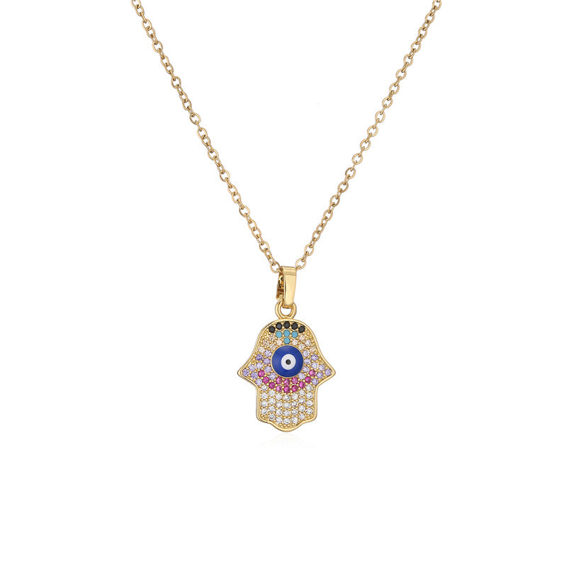 Hamsa Full Stones & Hollow Pendant Necklace