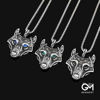 Zircon Eye Wolf Head Stainless Steel Necklace