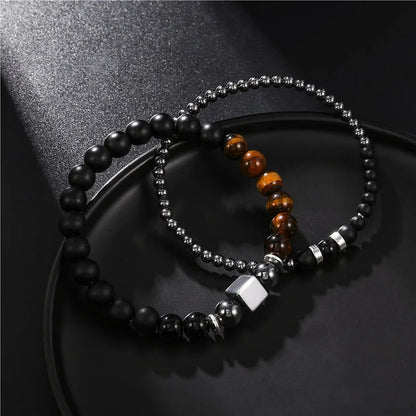 Frosted Tiger Eye Black Cube Stretch Bracelet Set