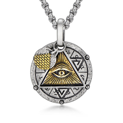 Sterling Silver Vintage Design Round Triangle Horus Eye Of God Pendants Necklace