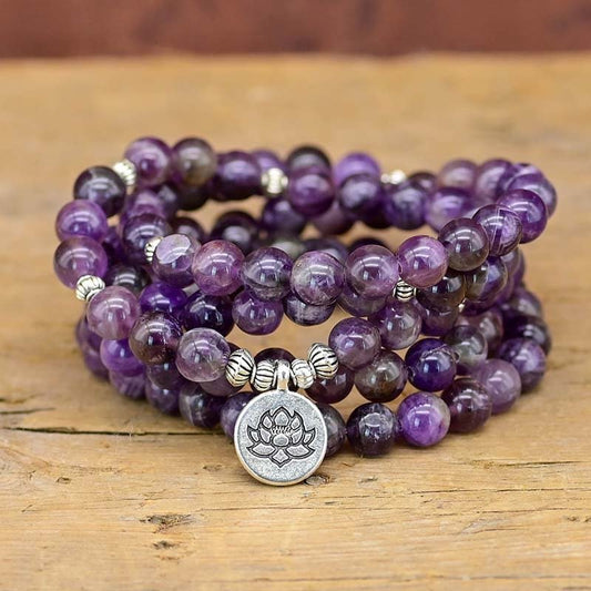 Amethyst Lotus Symbol Mala Necklace Bracelet