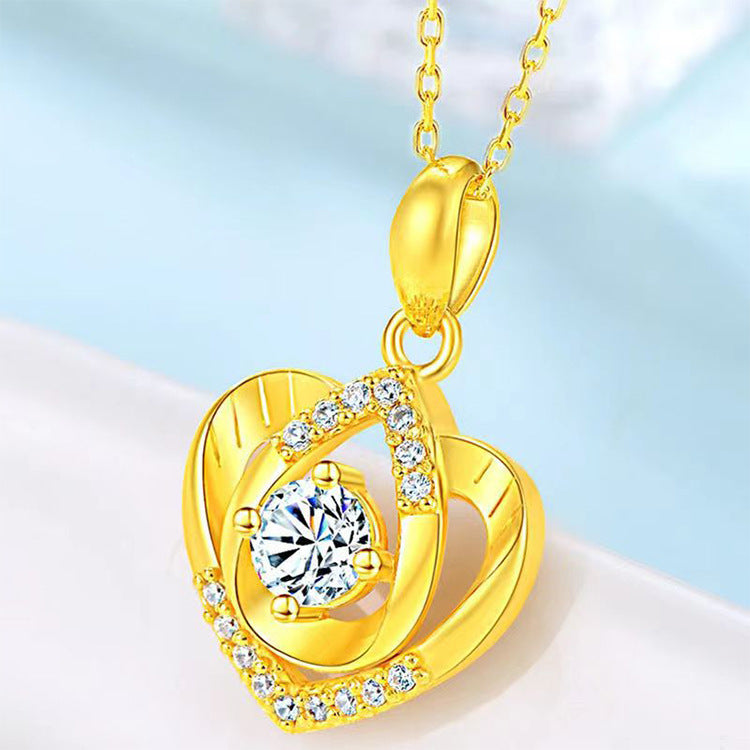 Golden Heart-Shaped Zircon Pendant Necklace