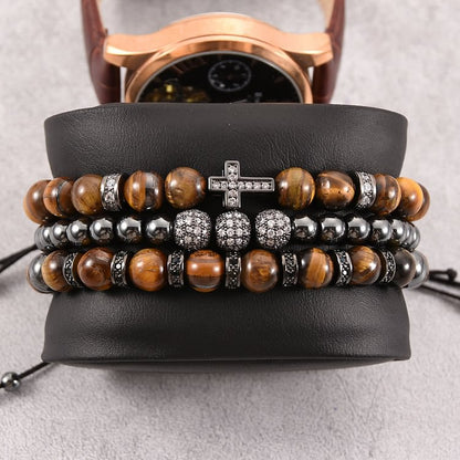 3Pcs/Set Tiger Eye Stone Beaded Men Cross Bracelet