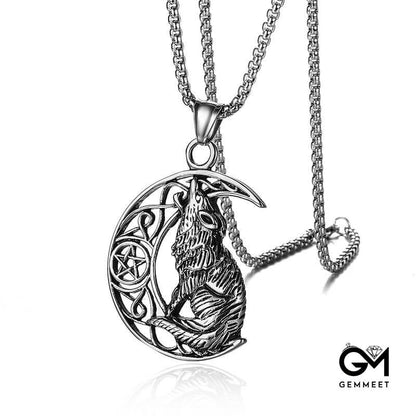 Stainless Steel Moon on The Wolf Pendant Necklace