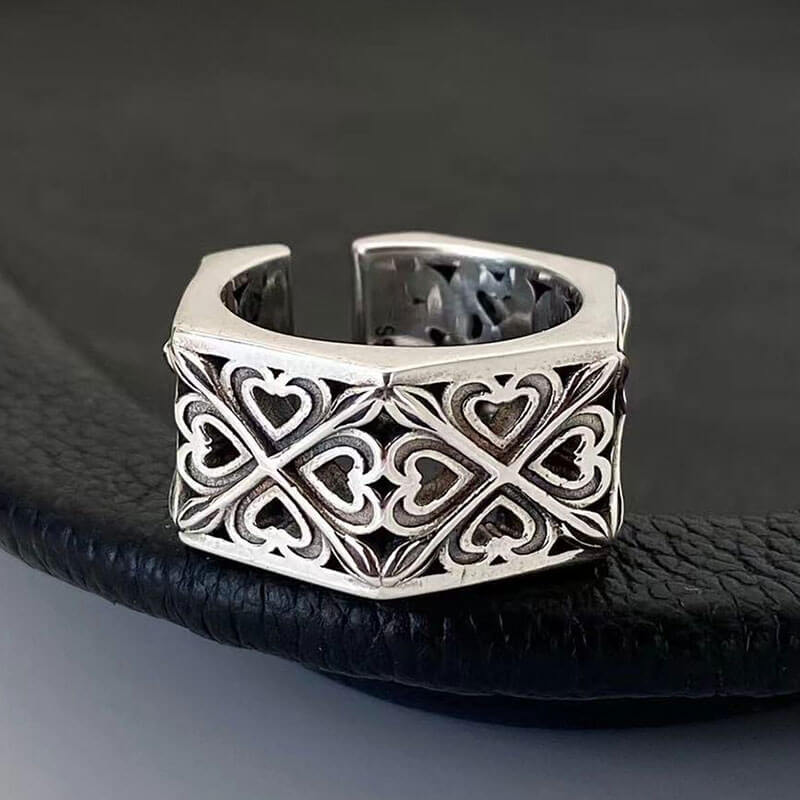 Retro Prismatic Love Hollow Pattern Couple Niche Wide Square Ring