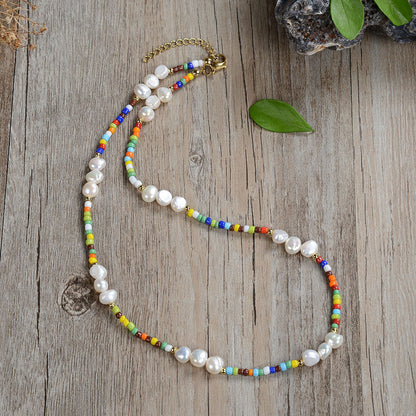 Stained Glass Bead Pearl Necklace