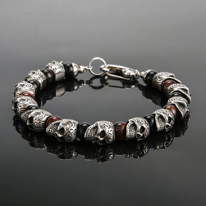 Skull Tiger Eye Stone Black Onyx Beaded Bracelet