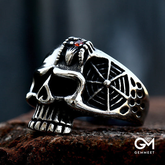 Stainless Steel Engraved Skull Red Zircon Ring