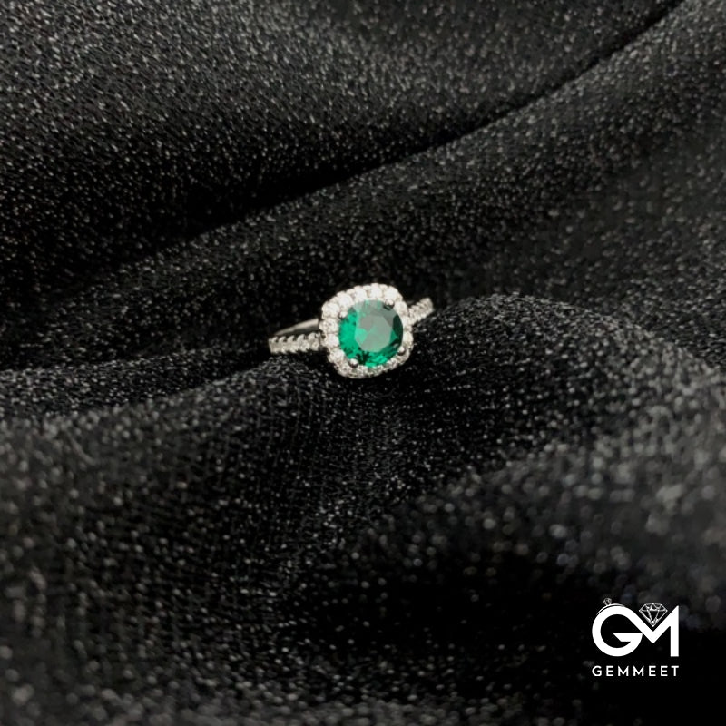 925 Silver Big Green Zircon Little White Zircon Ring