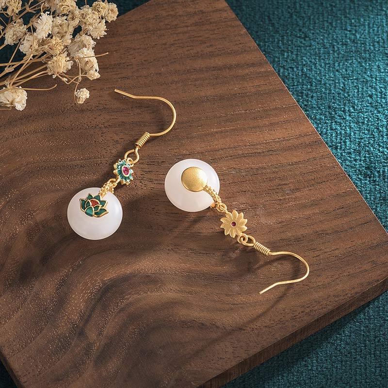 White Jade Cold Enamel Lotus Earrings