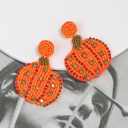 Halloween Handmade Rice Beads Inlaid Zircon Pumpkin Earrings for Women