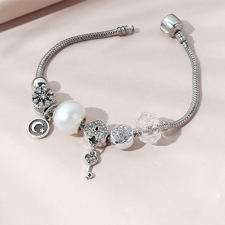 White Zircon Pearl Star Moon Love Lock Key Bracelet