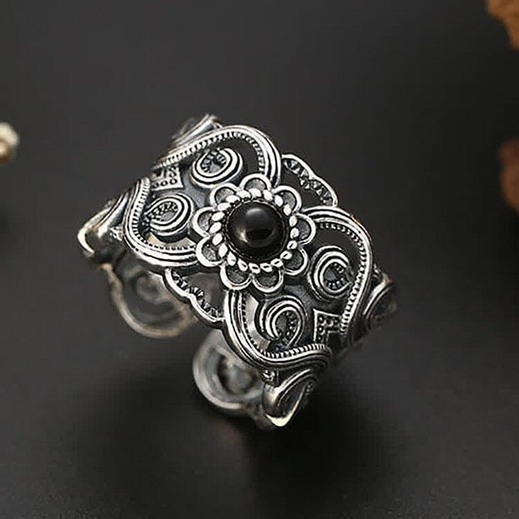 Ethnic Black Onyx Pattern Adjustable Ring