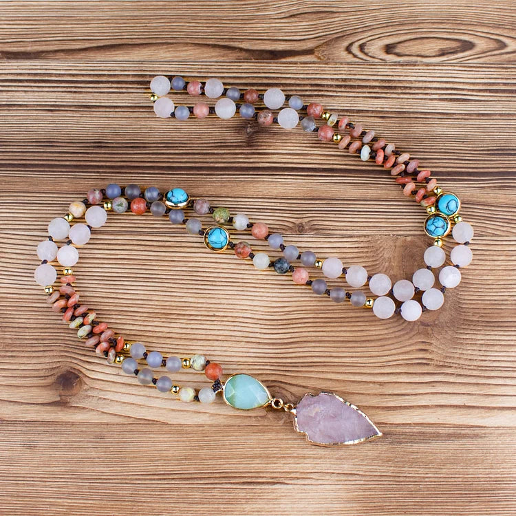 Natural Rose Quartz Mala Prayer Arrowhead Pendant Necklace