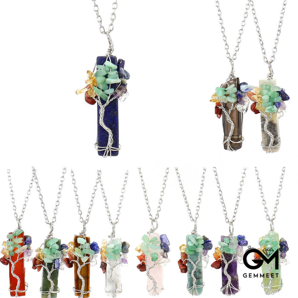 Irregular Crystal Strip Tree of Life Pendant Necklace