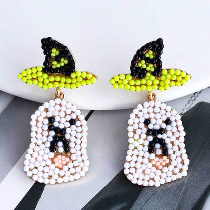 Halloween Little Ghost Witch Hat Stitching Bead Earrings