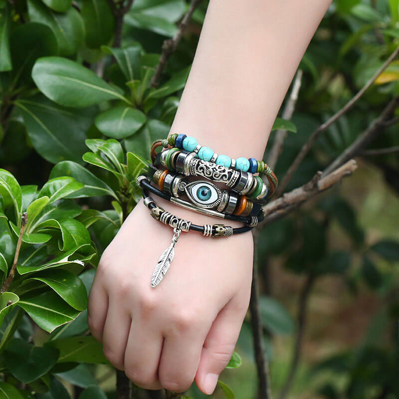 Beaded Multilayer Blue Eye Leather Ethnic Feather Bracelet