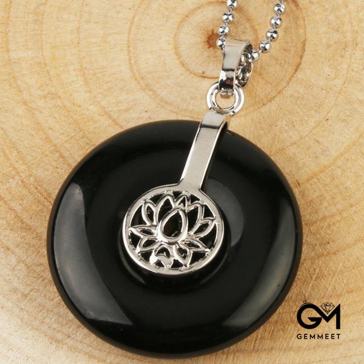 Obsidian Lotus Peace Button Pendant Necklace