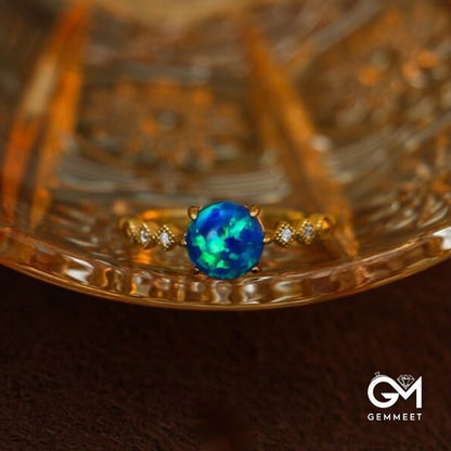 Blue Round Opal White Zircon Ring