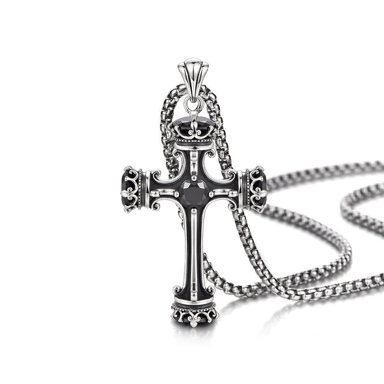 Vintage Design Sterling Silver Roman Column Zircon Cross Pendants Necklace