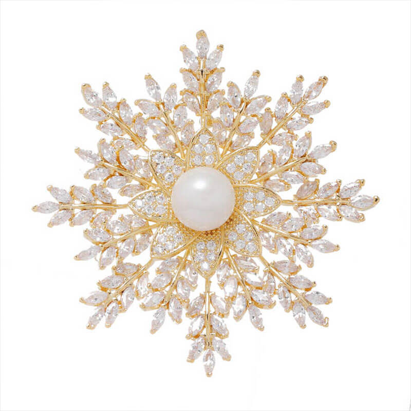 Golden Shinny Pearl Full Stone Snowflake Brooch