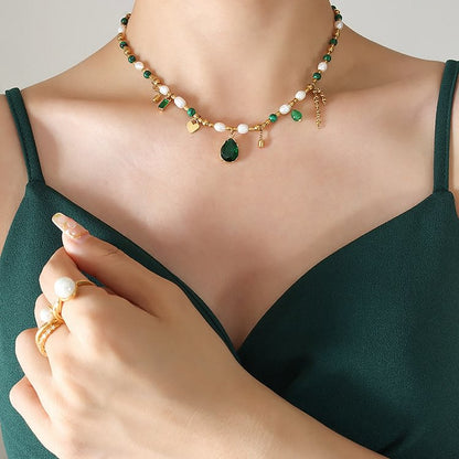 Emerald Pearl Beaded Non Fading Golden Necklace