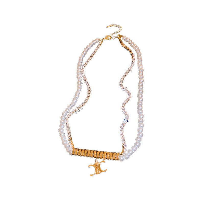 Zircon Pearl Cylinder Double Necklace