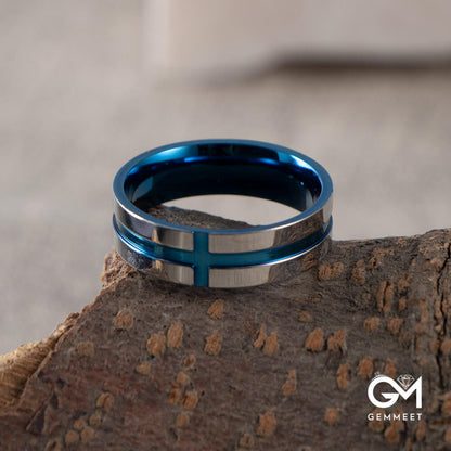 Stainless Steel Corkscrew Cross Blue Ring