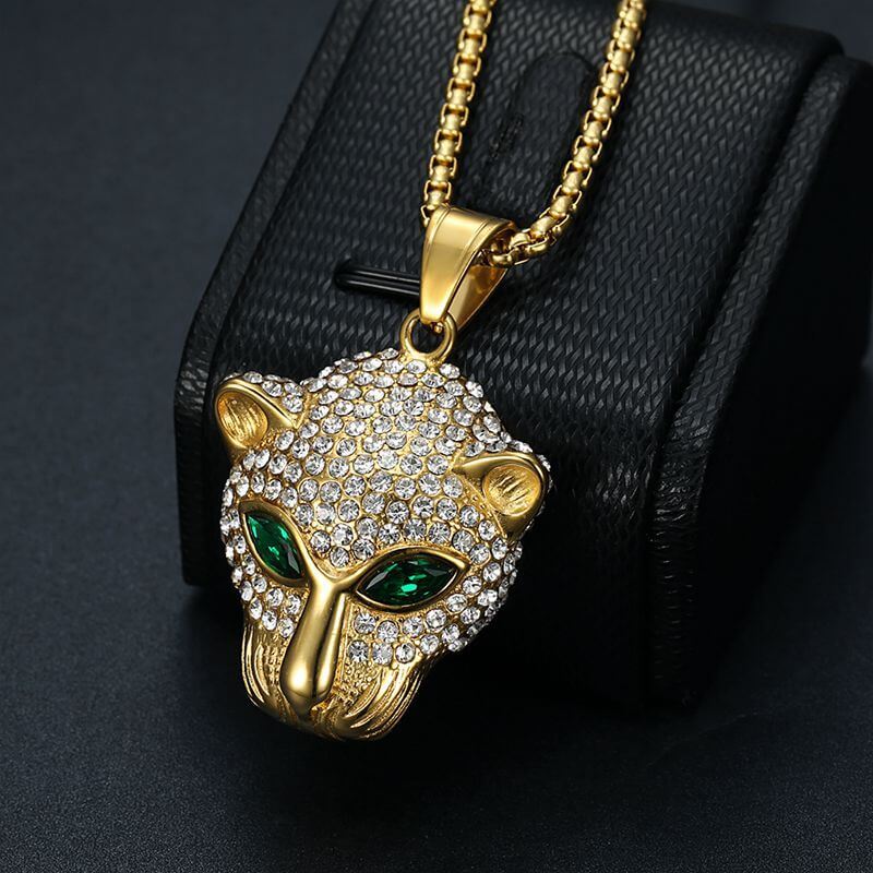 New Hip-hop Stainless Steel Inlaid Green Red Synthetic Cubic Zirconia Eyes Leopard Head Pendant for Men and Women