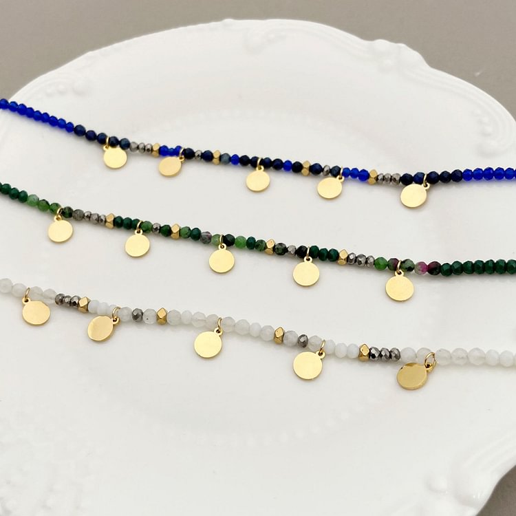 Natural Stone Beaded Titanium Disc Charm Bracelet