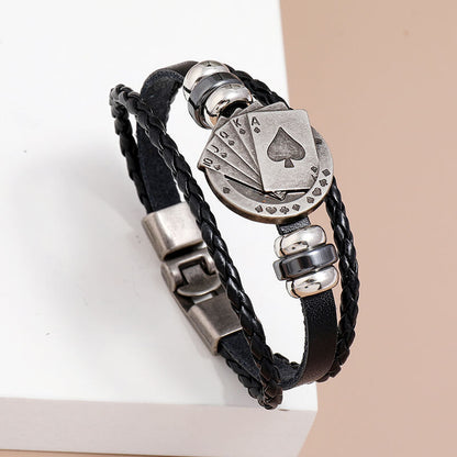 Braided Leather Hand Playing Card Beaded Buckle Leather Bracelet