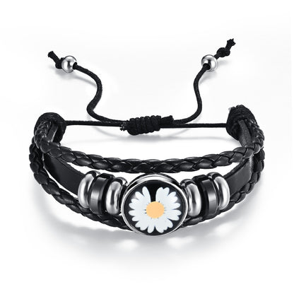 Sunflower Daisy Stainless Steel Leather Strap Bracelet