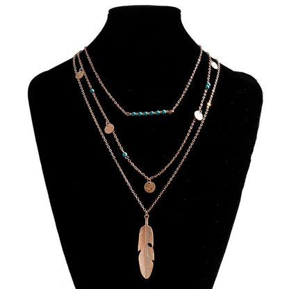 Turquoise Leaf Pendant Three Layer Necklace