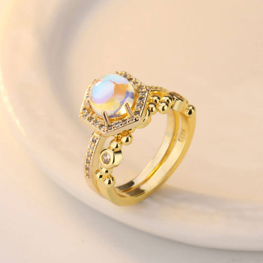 Halo Hexagon Moonstone 2 PCS Ring