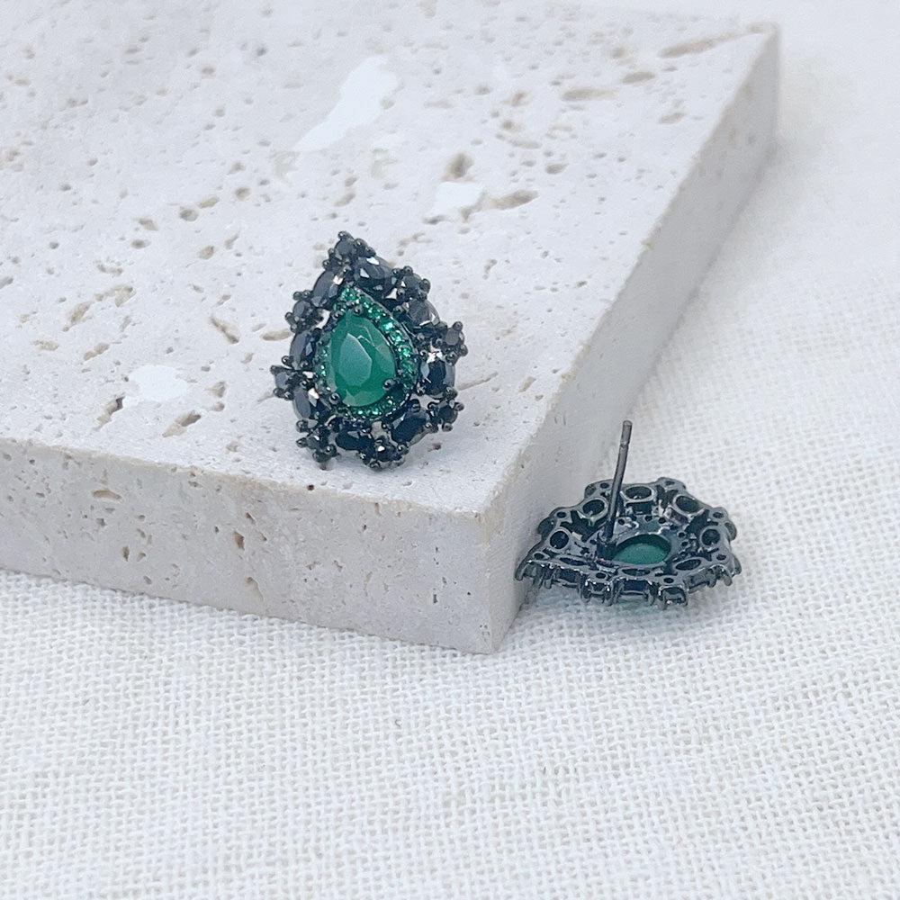 Black Pear-Shaped Green Zircon Inlaid Earrings