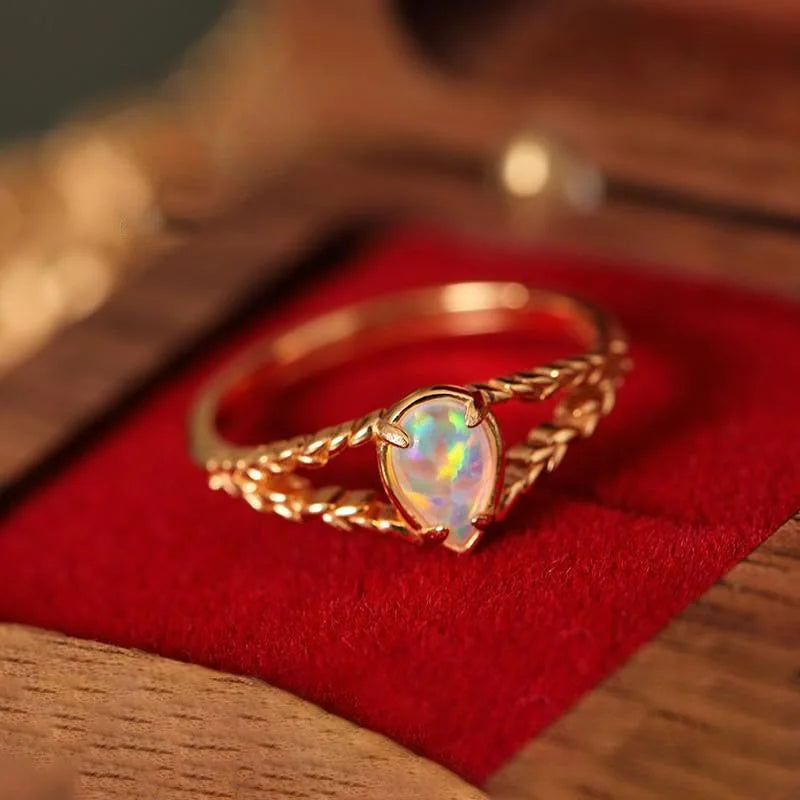 Opal Stone Gold Hollow Wheat Ring