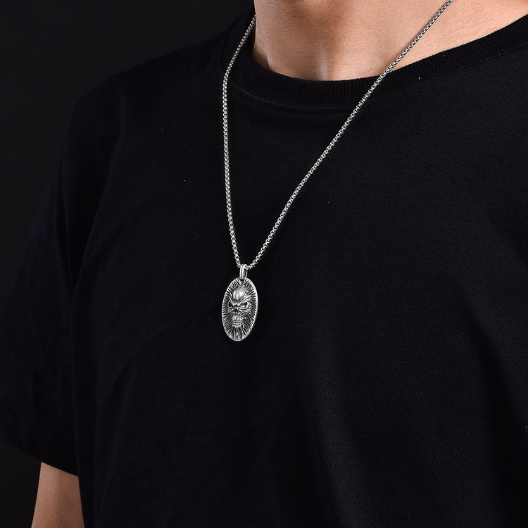 Oval Skull Pattern Sterling Silver Pendants Necklace