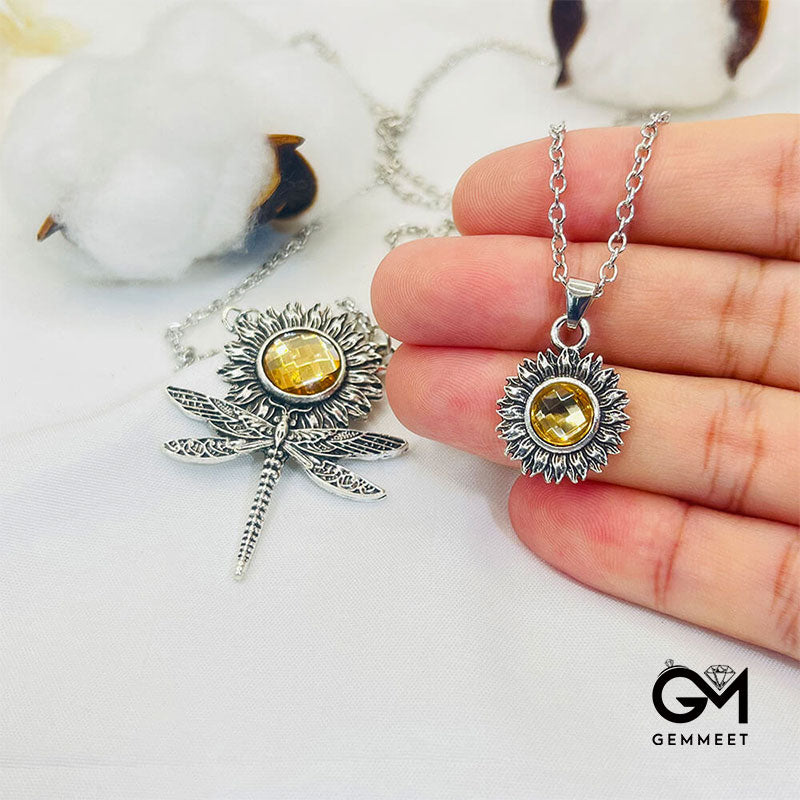 Creative Sunstone Dragonfly Sunflower Pendant Necklace