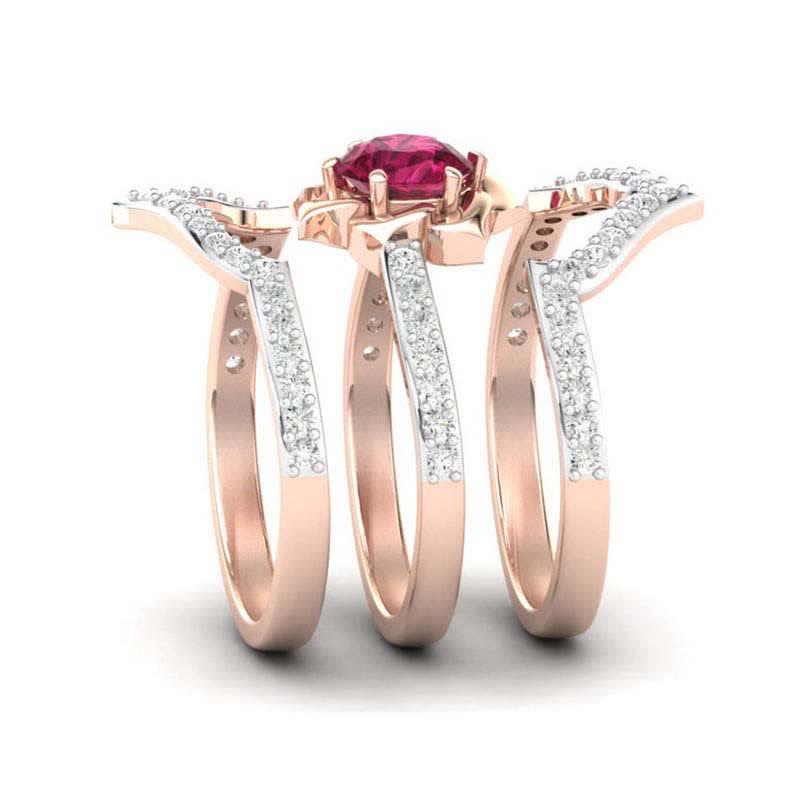 Women's 3Pcs Rose Gold Ruby Ring