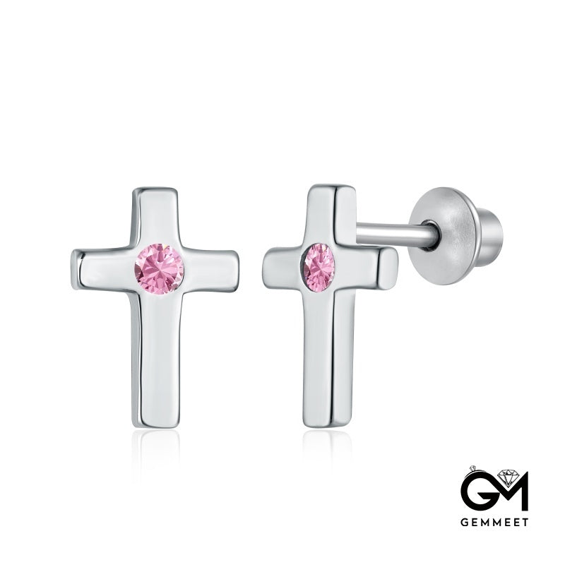 S925 Sterling Silver Smooth Cross Pink Zircon Earrings