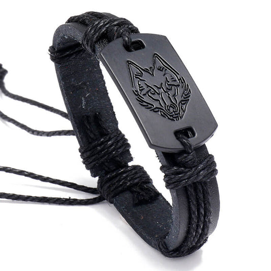 Punk Leather Black Wolf Head Woven Layered Bracelet