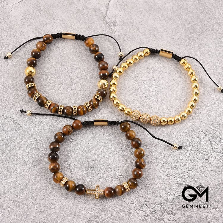 3Pcs/Set Tiger Eye Stone Beaded Men Cross Bracelet