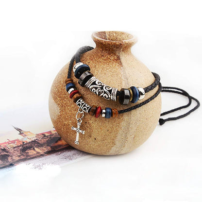 Men Leather Double Layered Braided Beaded Cross Necklace