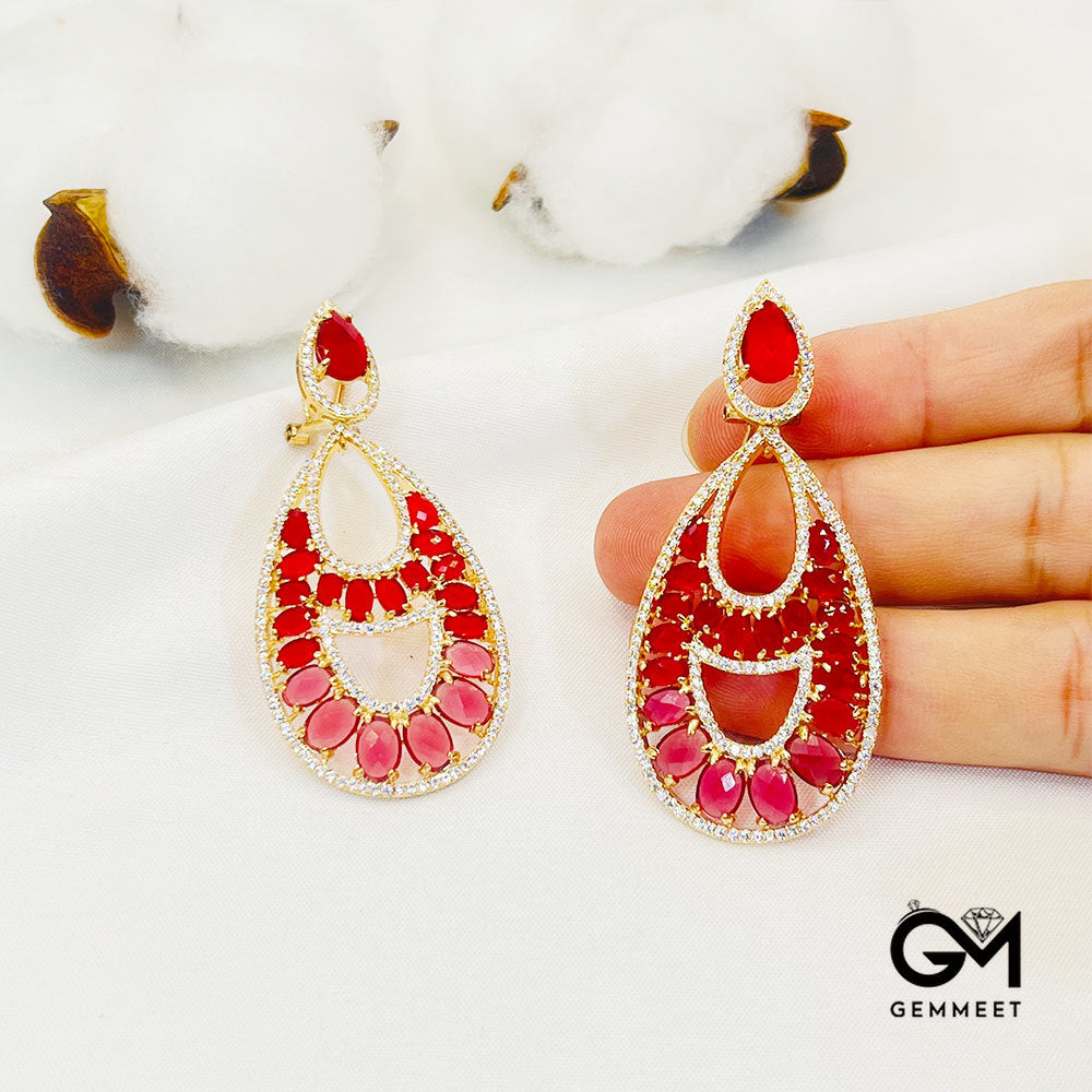 Pear-Shaped Center Hollow Red Stone Pendant Earrings