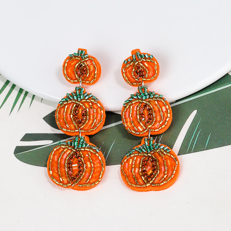 Halloween Handmade Rice Beads Three Layer Pumpkin Funny Earrings