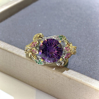 Colorful Flower Opening Colored Treasure Ring Two-color Gold Craft Hand-inlaid Firework Cut Purple Diamond Ring