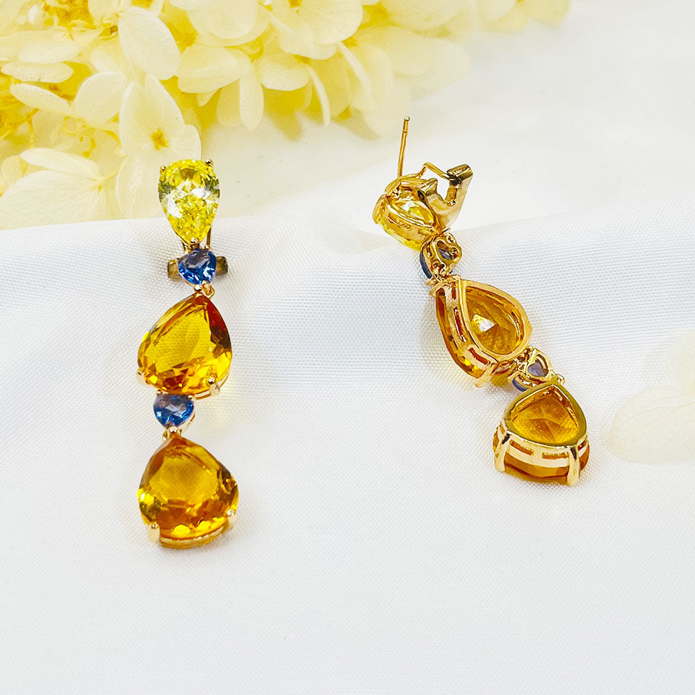 Water Drop Pear Yellow Zircon Pendant Earrings