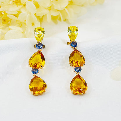 Water Drop Pear Yellow Zircon Pendant Earrings